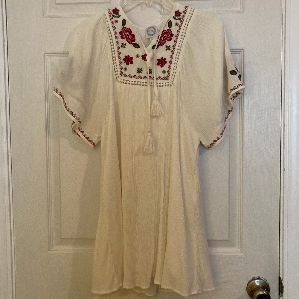 Blue Rain Cream Boho Tunic Dress Floral Embroidery